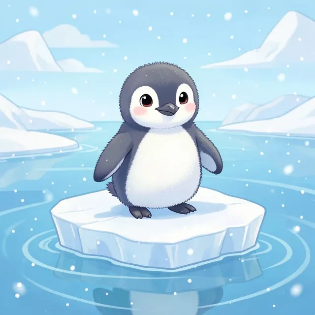 Cute fluffy penguin chick standing on a small iceberg in blue arctic water with falling snow