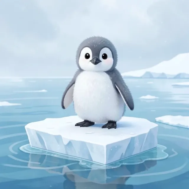Fluffy penguin chick standing on a small ice floe with icy blue water in soft watercolor style