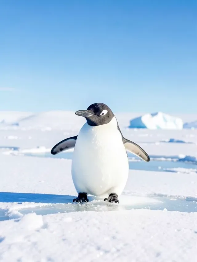 Chubby emperor penguin waddling across a snowy ice sheet with wings out and distant icebergs