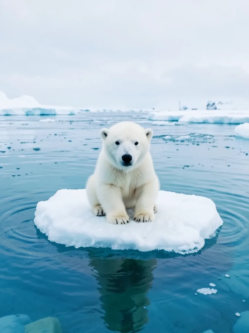 Fluffy polar bear cub sitting on a small ice floe with clear blue arctic water around