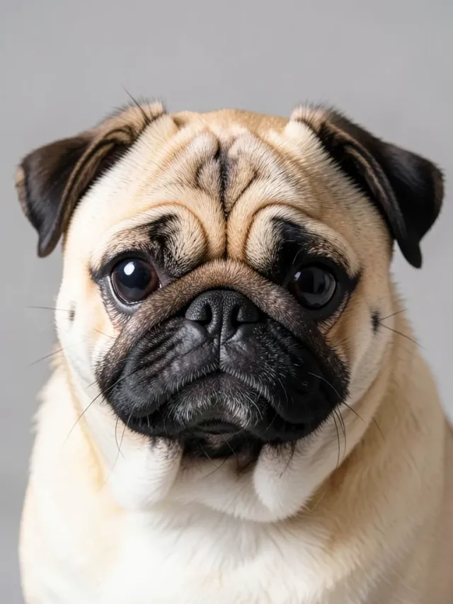 Cute wrinkled fawn pug with big dark eyes and tilted head against neutral gray background