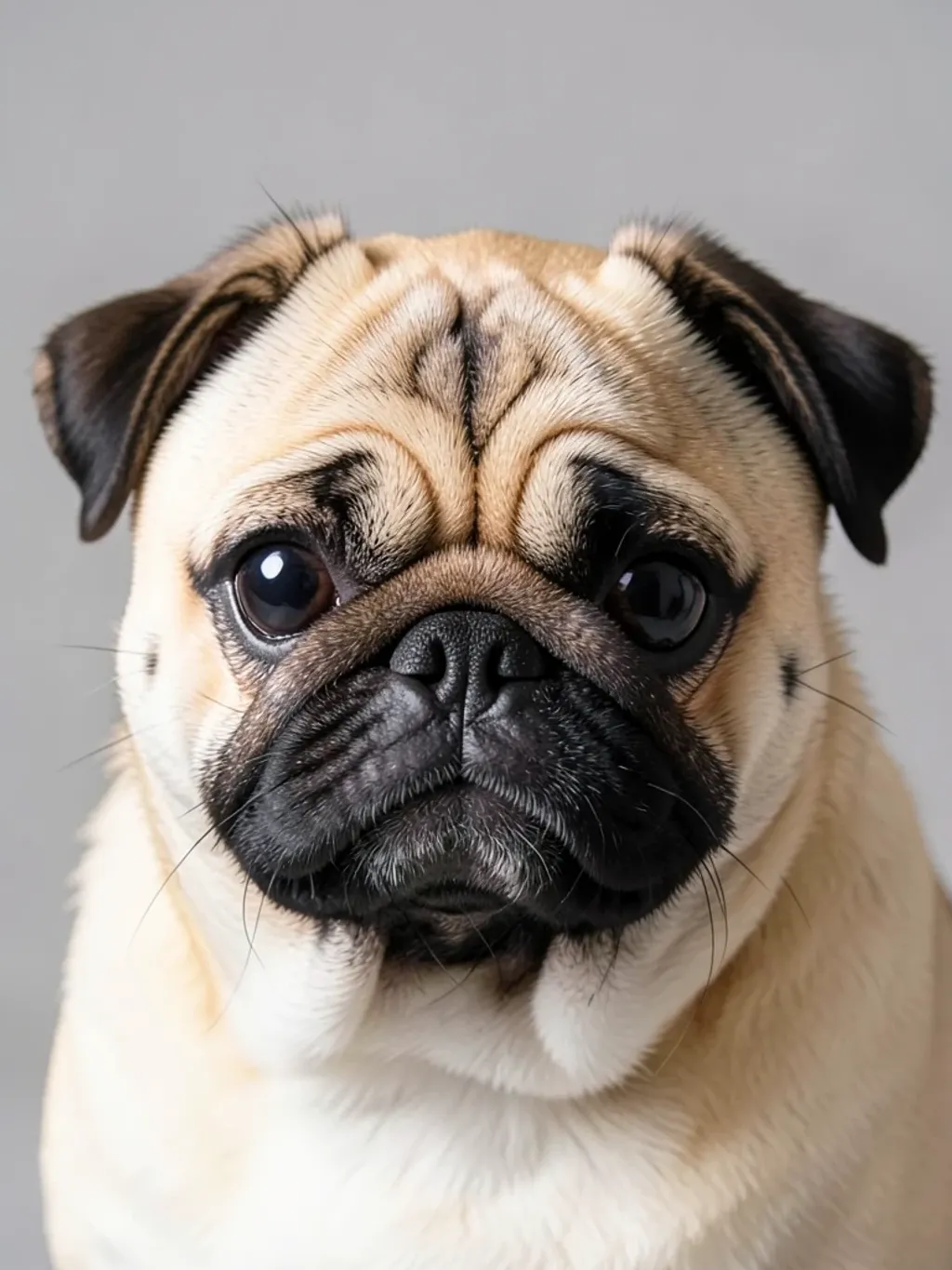 Cute wrinkled fawn pug with big dark eyes and tilted head against neutral gray background