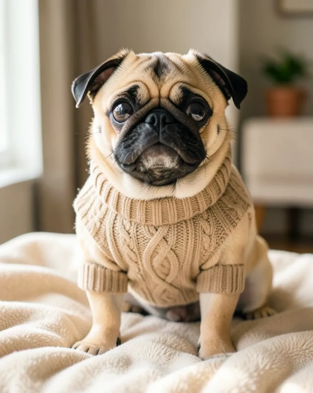 Fawn pug sitting on a soft blanket wearing a tiny cable-knit sweater with big round eyes