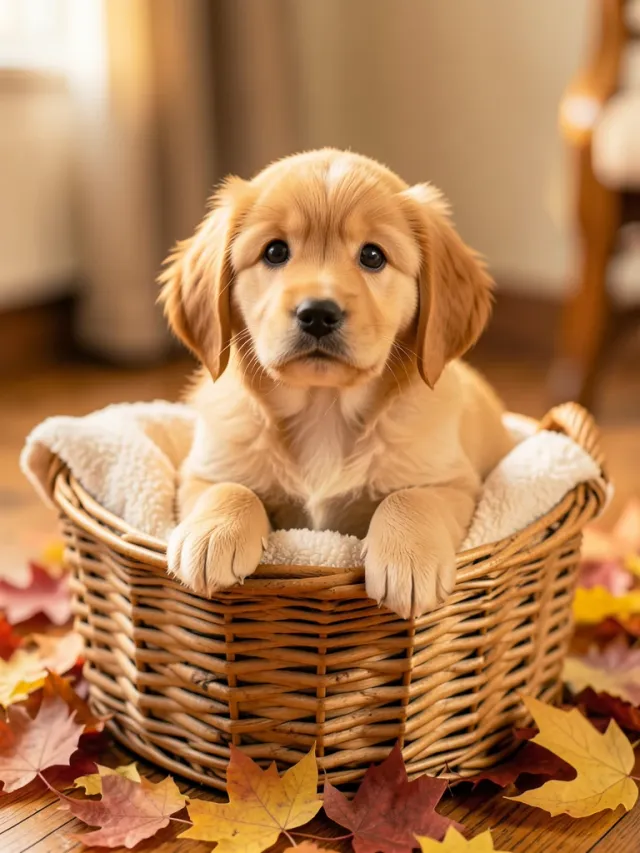 Fluffy golden retriever puppy sitting in a woven basket with a blanket and autumn leaves