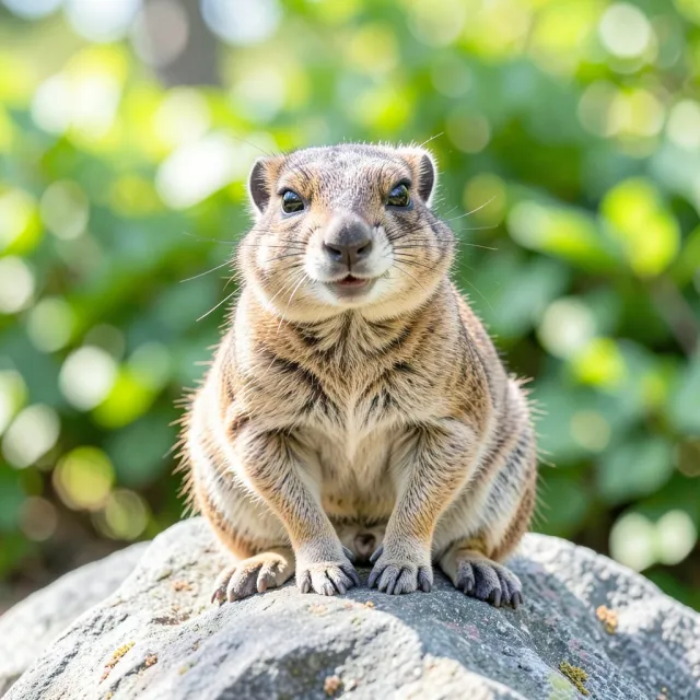 Smiling quokka sitting on a grey rock with paws tucked and soft green foliage behind