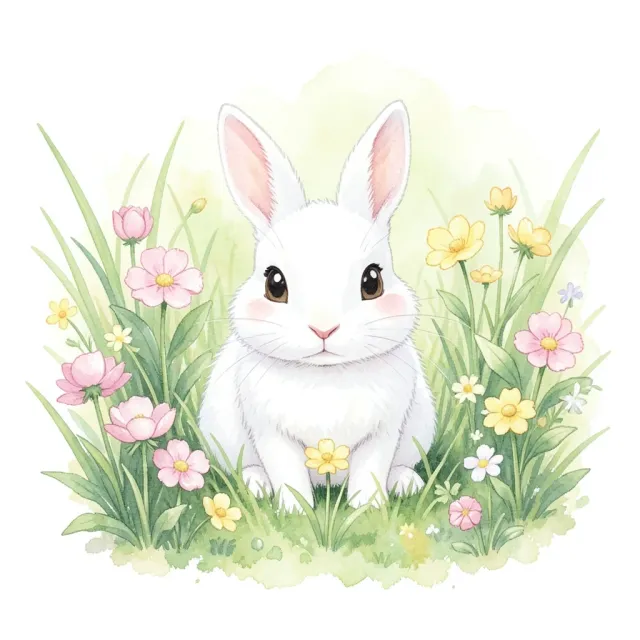 Small white rabbit sitting among wildflowers and green grass in soft watercolor spring meadow