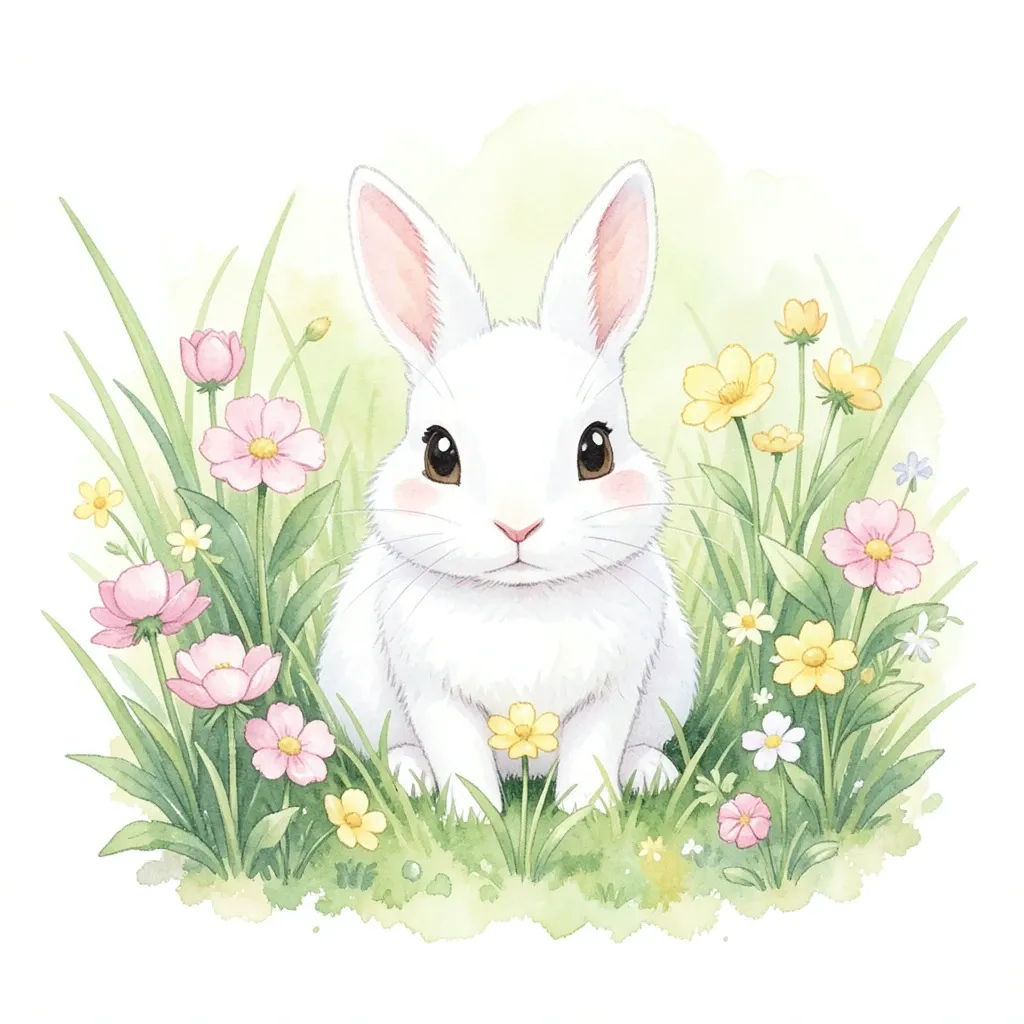Small white rabbit sitting among wildflowers and green grass in soft watercolor spring meadow