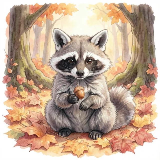 Cute fluffy raccoon holding an acorn among fallen autumn leaves in soft watercolor style