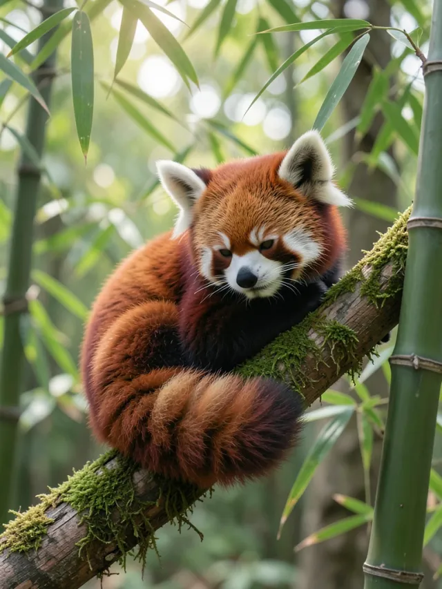 Fluffy red panda curled on a mossy branch surrounded by green bamboo leaves in soft forest light