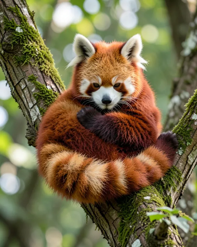 Fluffy red panda curled up on a mossy tree branch with ringed tail wrapped around its body
