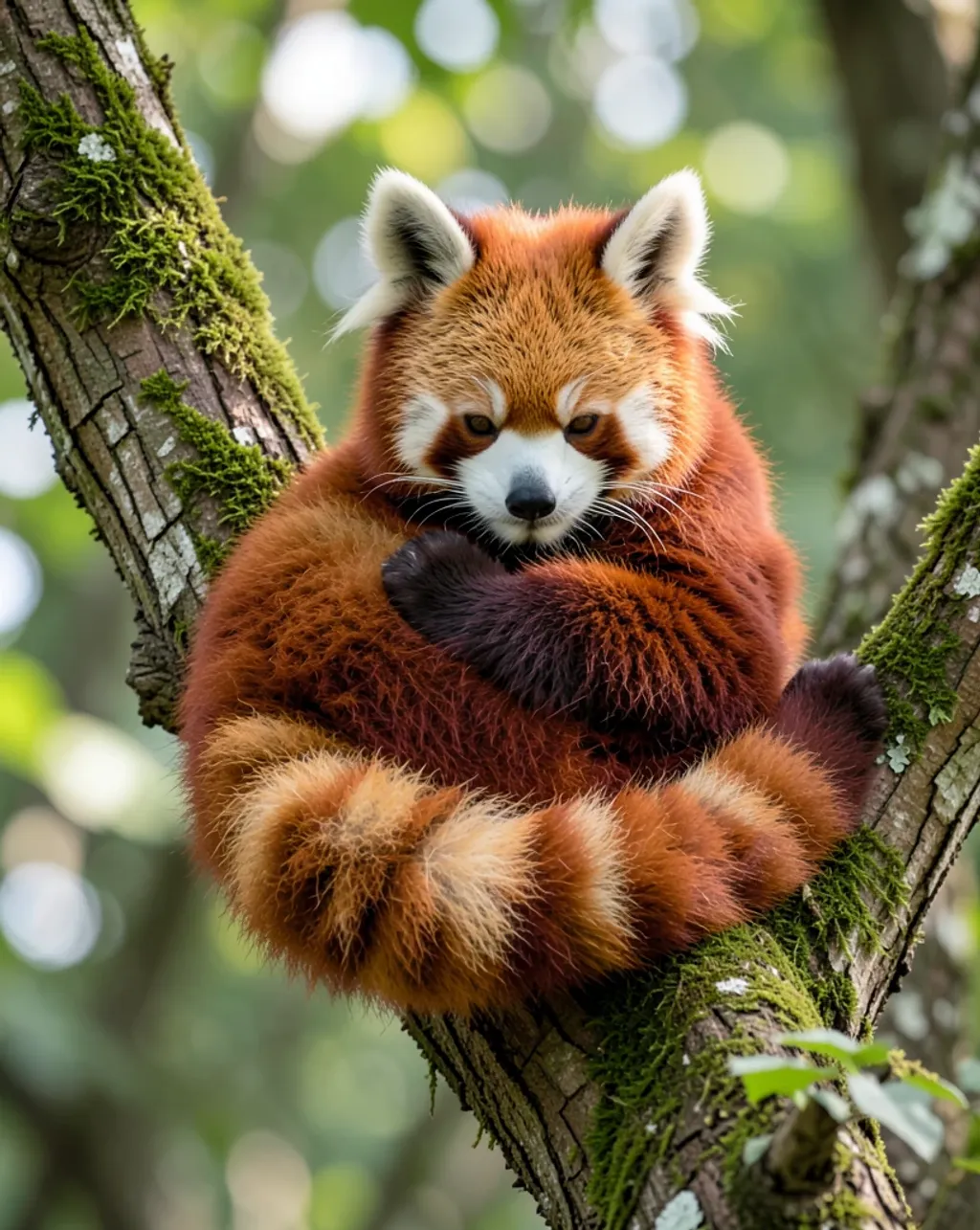 Fluffy red panda curled up on a mossy tree branch with ringed tail wrapped around its body