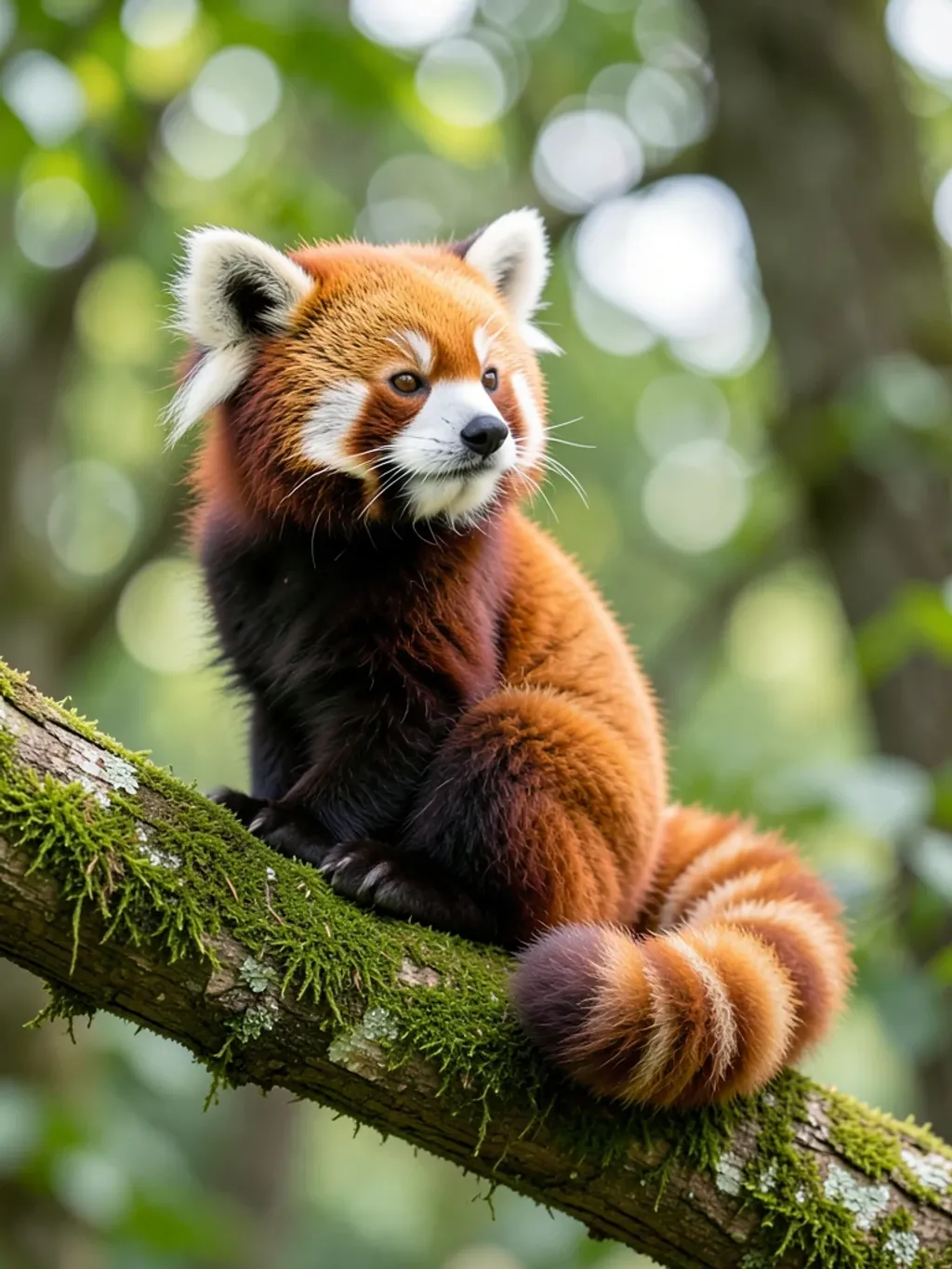 Cute fluffy red panda with ringed tail sitting on a mossy tree branch with forest bokeh