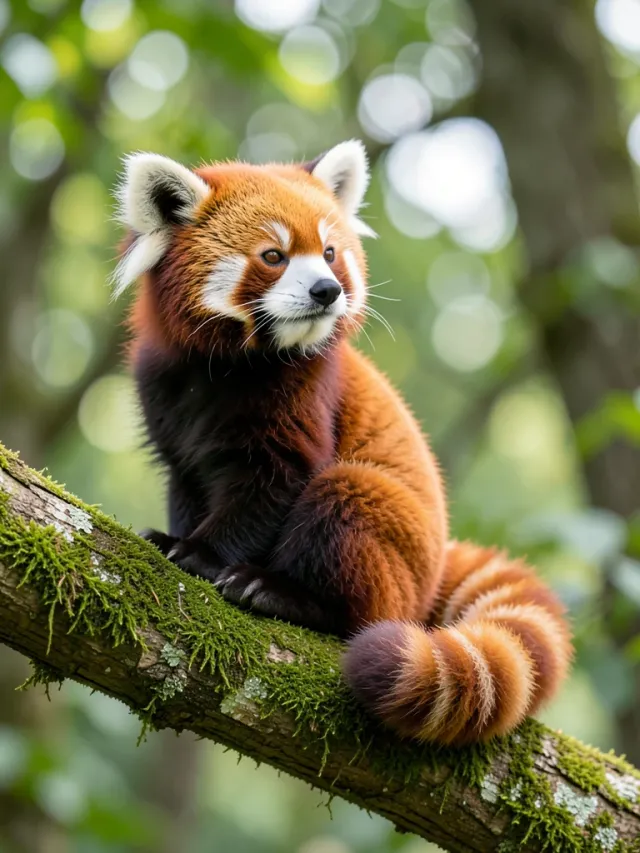 Cute fluffy red panda with ringed tail sitting on a mossy tree branch with forest bokeh