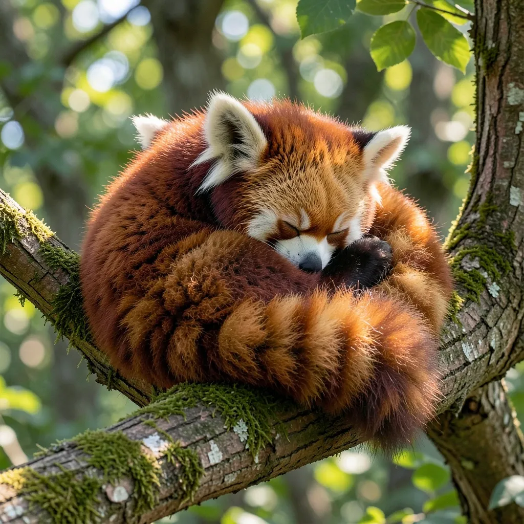Fluffy red panda curled up asleep on a mossy branch with its tail wrapped around its body