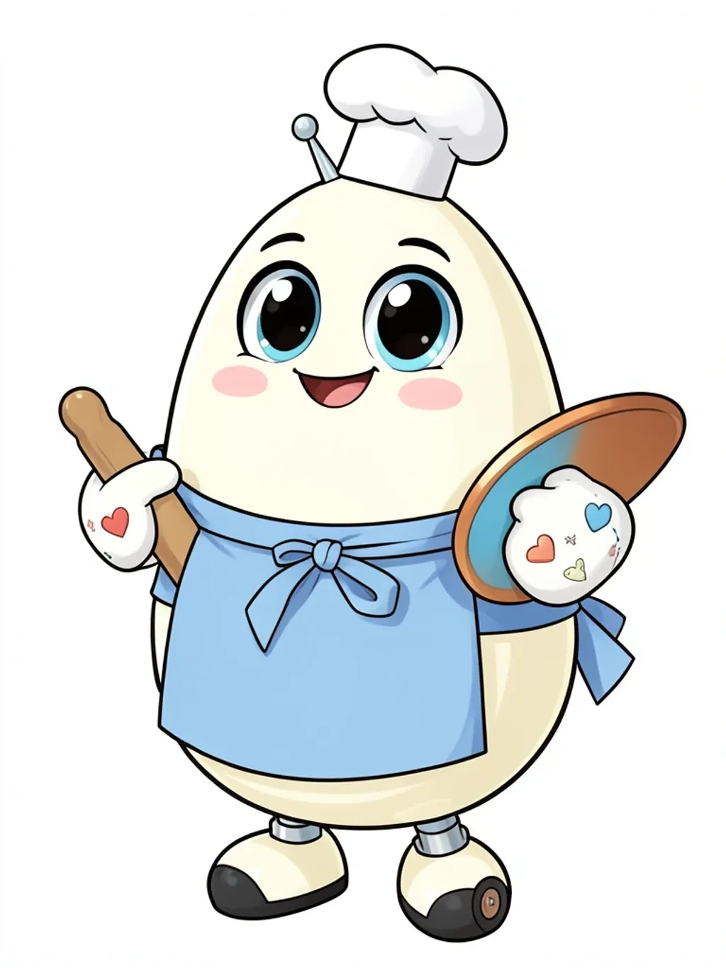 Cute robot baker with cream-white enamel body blue apron and rolling pin in cream blue and copper