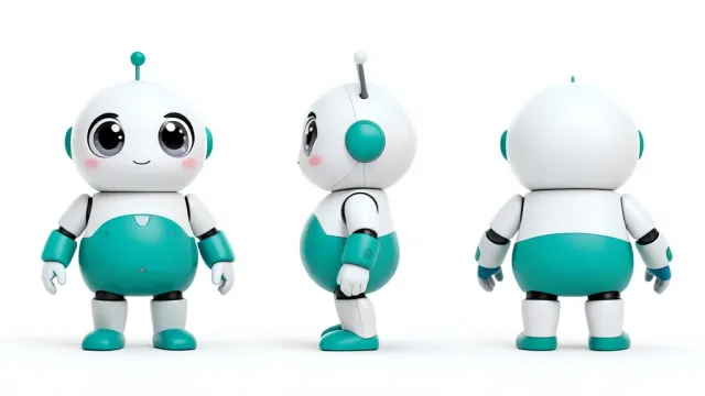 Cute robot character turnaround sheet showing front side and back views