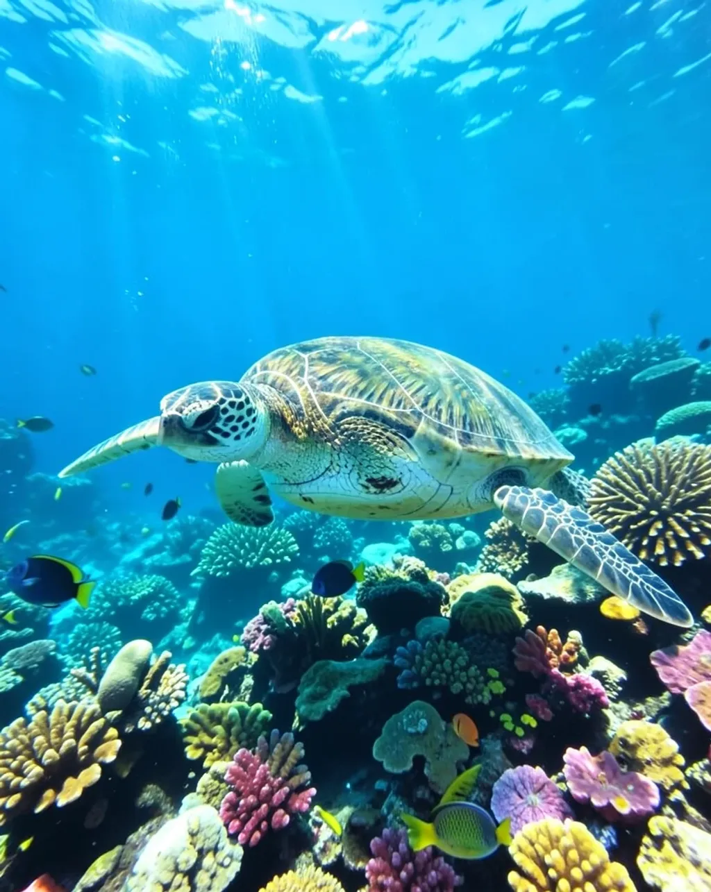 Green sea turtle gliding above a colorful coral reef with tropical fish and dappled sunlight