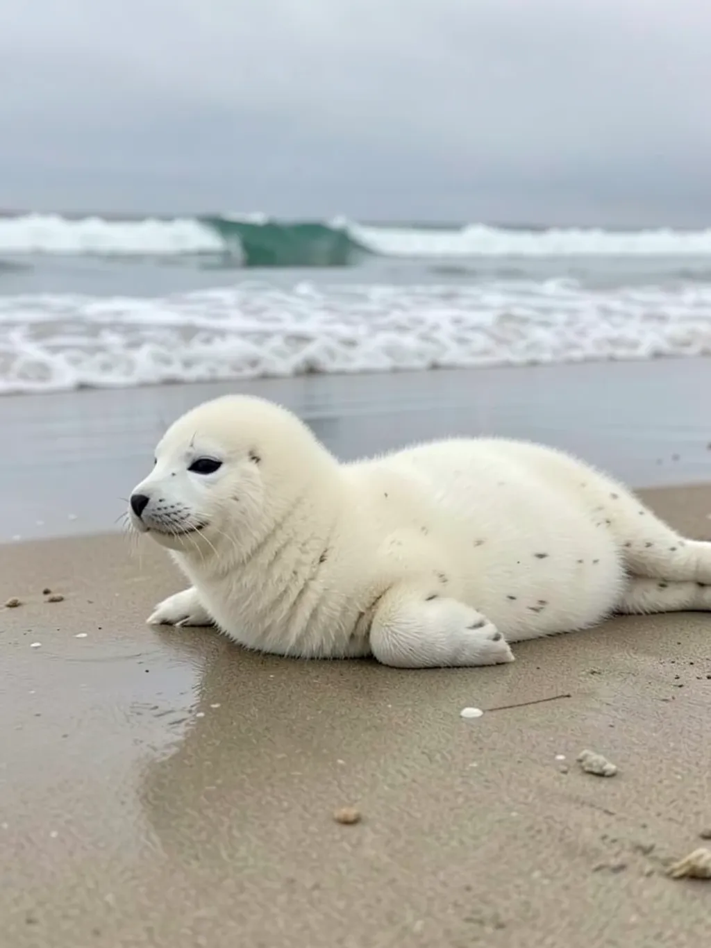 Fluffy white seal pup lying on wet sand with gentle waves and soft overcast light