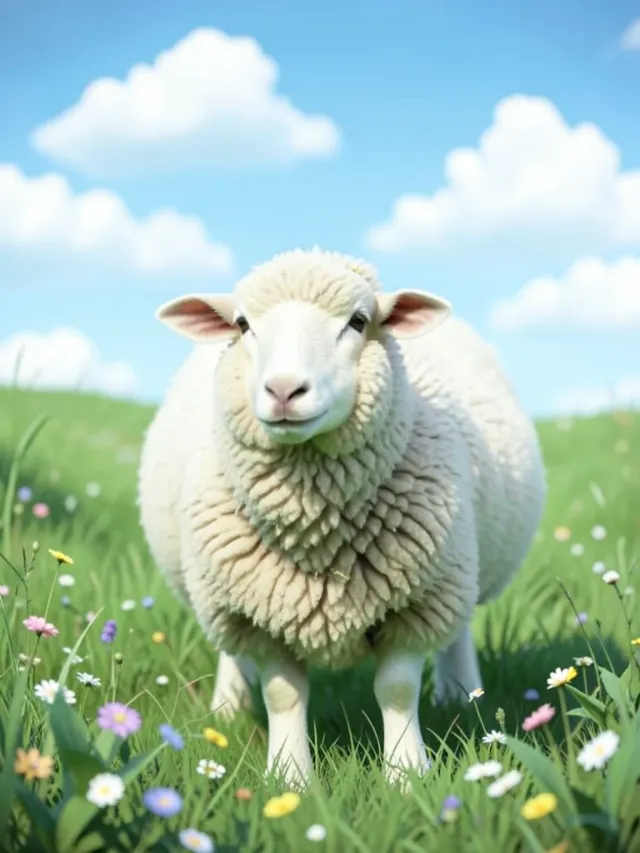 Fluffy sheep standing in a lush green meadow with wildflowers and soft blue sky