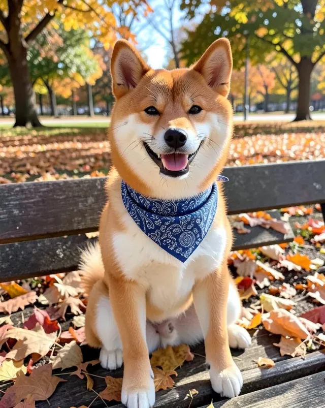 Cheerful red Shiba Inu wearing a blue bandana sitting on a park bench with autumn leaves