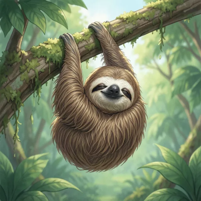 Cute sleepy sloth hanging from a mossy branch with half-closed eyes and a gentle smile