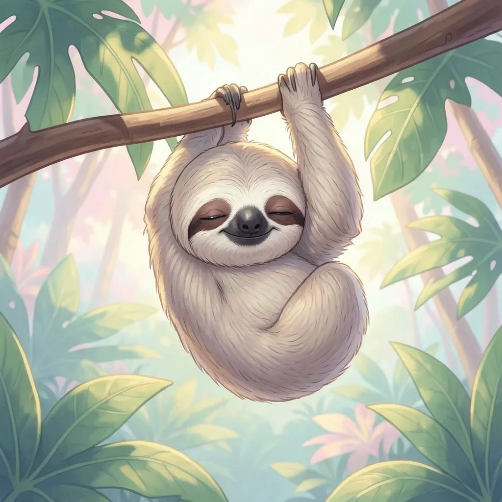 Cute sleepy three-toed sloth hanging from a branch with tropical leaves and pastel background