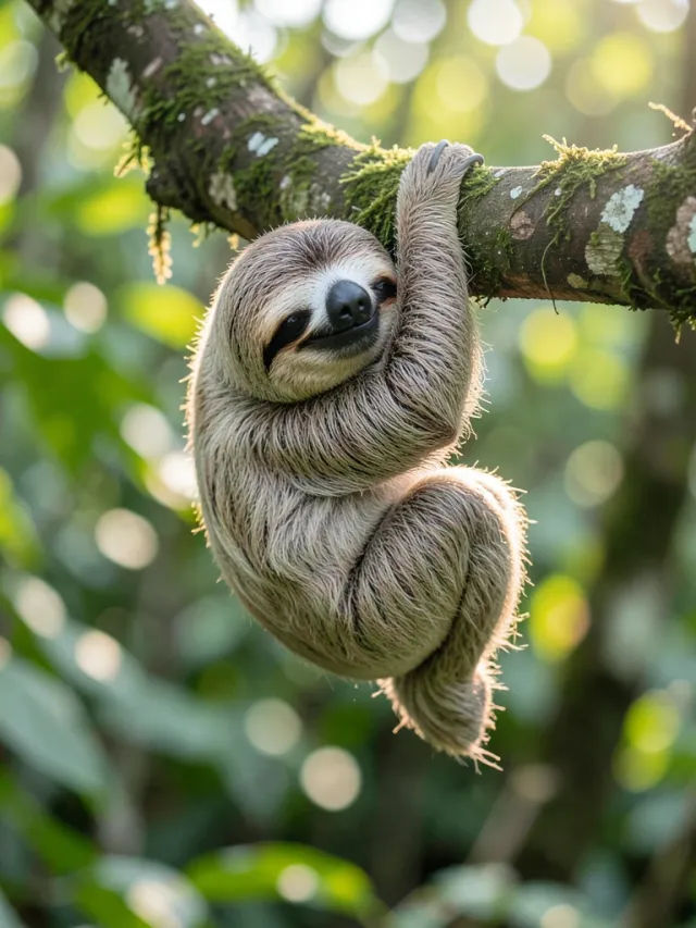Smiling three-toed sloth clinging to a mossy tree branch with soft jungle bokeh and filtered sunlight