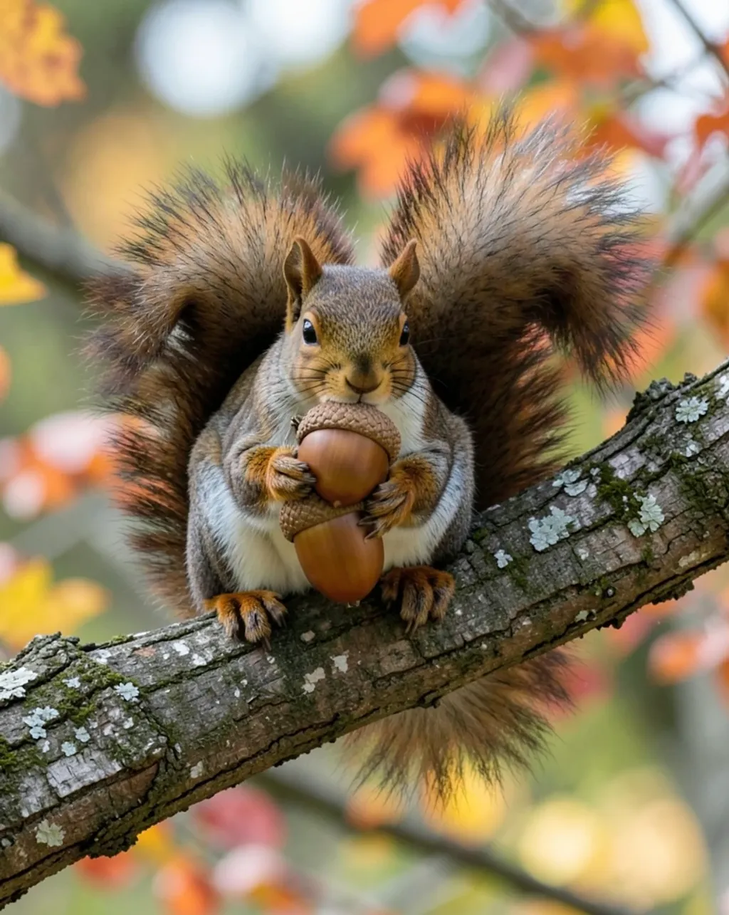 Cute brown squirrel sitting on a branch holding a large acorn with fluffy tail and autumn leaves