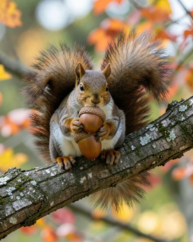 Cute brown squirrel sitting on a branch holding a large acorn with fluffy tail and autumn leaves