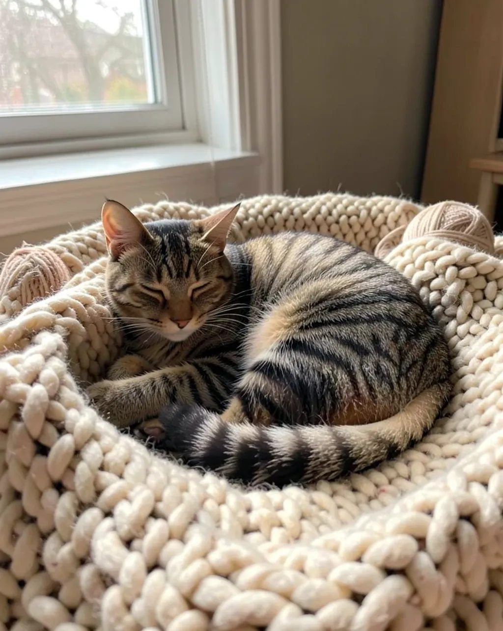 Cute striped tabby cat curled up on a chunky knit blanket with soft window light and yarn balls