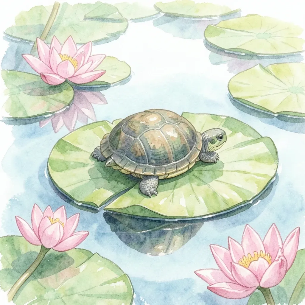 Tiny cute turtle resting on a green lily pad with pink water lilies in a calm pond
