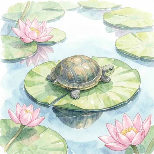 Tiny cute turtle resting on a green lily pad with pink water lilies in a calm pond