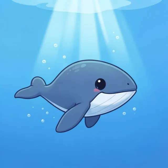 Cute small humpback whale swimming through blue water with light rays and tiny bubbles