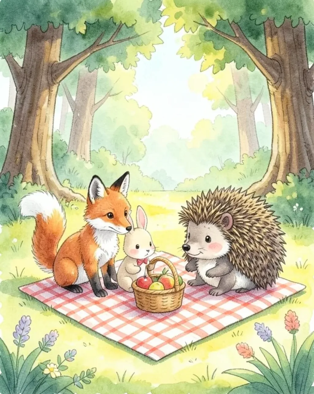 Cute watercolor woodland animals having a picnic on a checkered blanket in a sunny forest