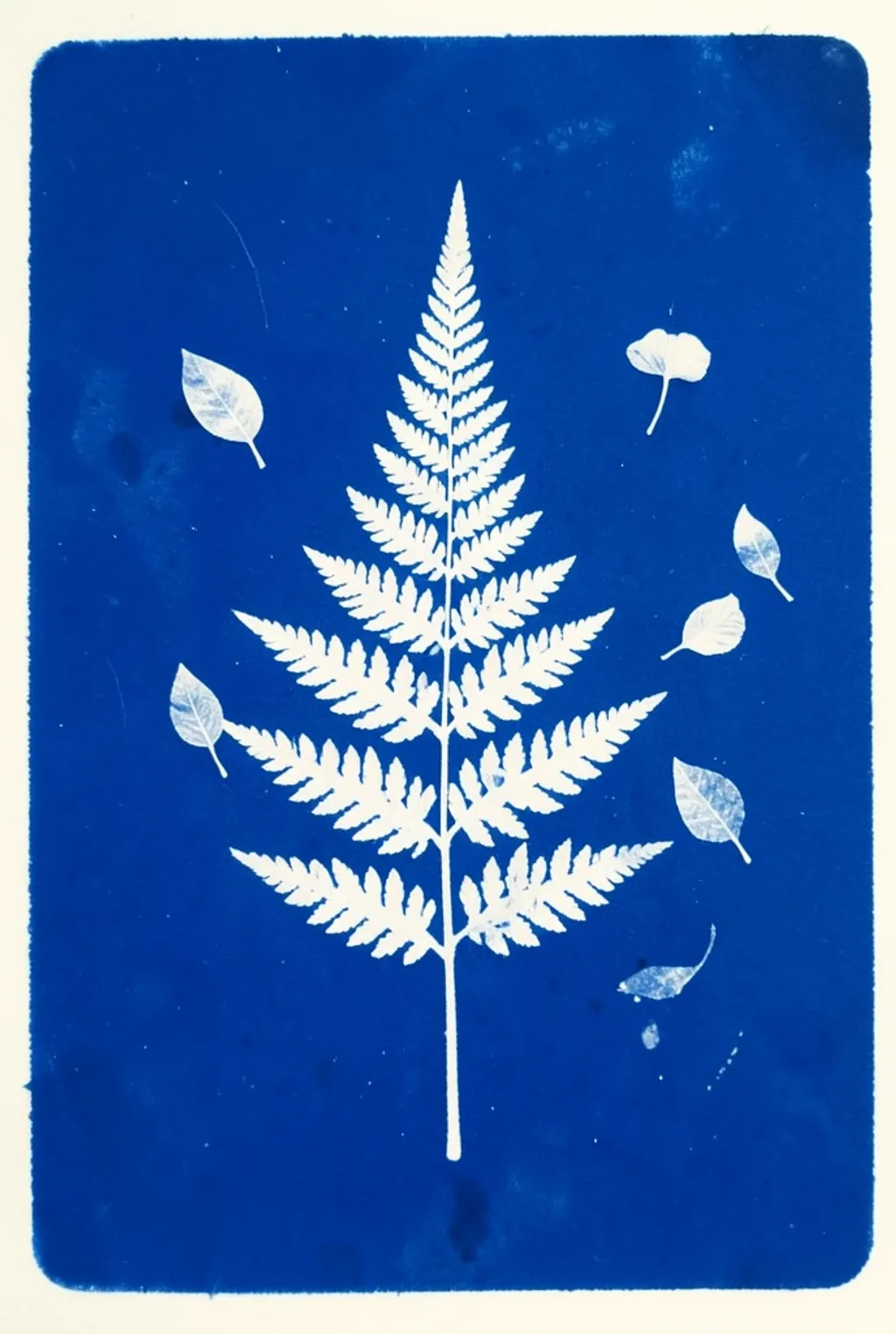 White fern and leaf silhouettes on a deep Prussian blue cyanotype print