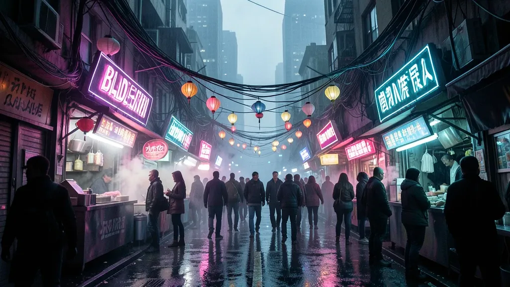 A rainy cyberpunk alley night market glowing with pink and cyan neon, steam, and wet reflective ground