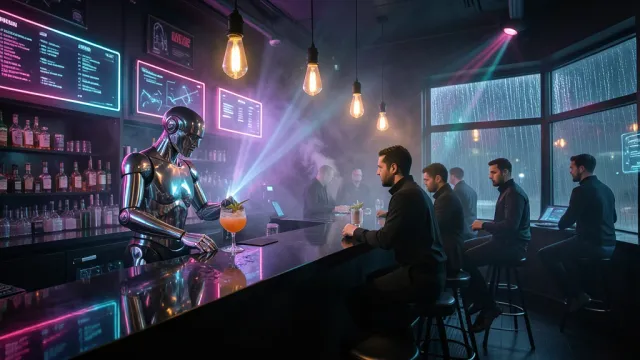 Dim cyberpunk bar with magenta and cyan neon, a chrome robot bartender, and patrons in techwear at the counter
