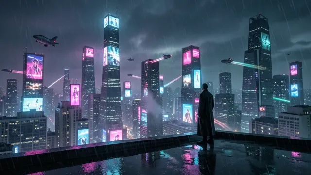 Lone coated figure on a rainy rooftop overlooking a neon skyline with flying cars and holographic ads at night