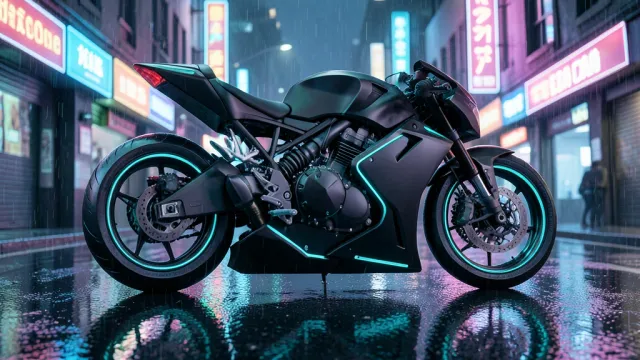 Cyberpunk futuristic motorcycle with neon lights parked on a wet street