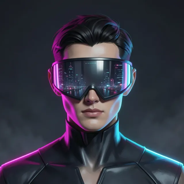 A neon rim-lit cyberpunk avatar bust with visor reflections