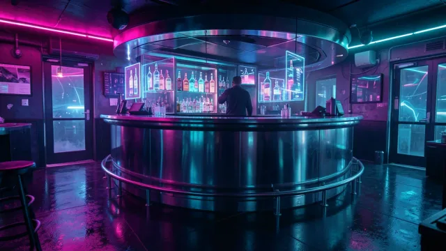 Cyberpunk neon bar interior with curved chrome bar, holographic bottles, and pink-cyan reflections