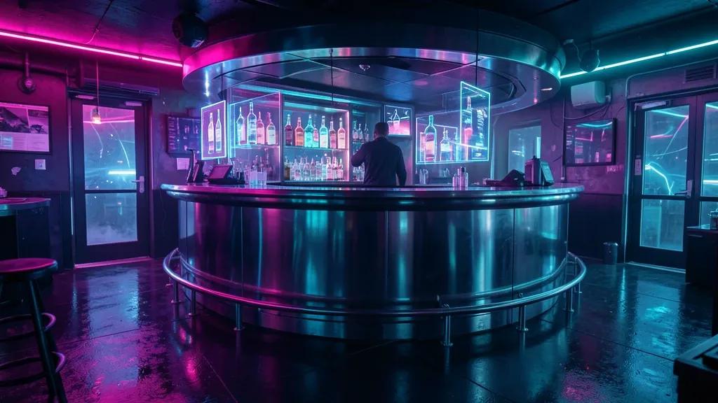 Cyberpunk neon bar interior with curved chrome bar, holographic bottles, and pink-cyan reflections