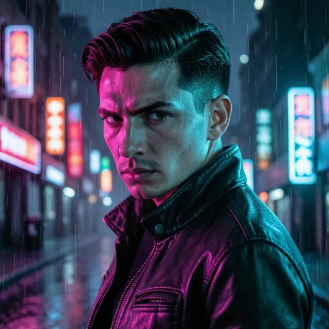 Cyberpunk neon portrait with magenta and cyan light reflecting on a leather jacket