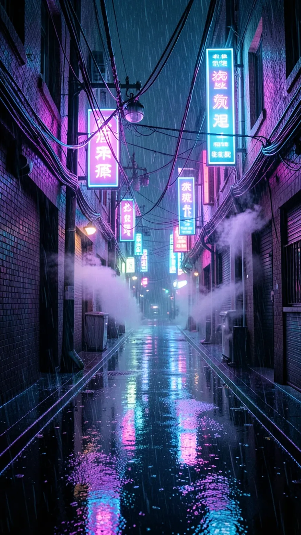 Cyberpunk neon alley with glowing signs reflected on wet pavement and steam rising