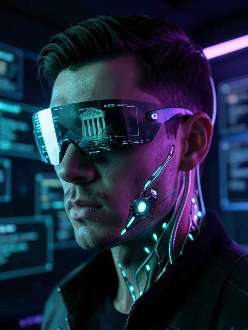 Close cyberpunk hacker portrait with glowing facial implants and headset, lit by cyan and violet neon rim light