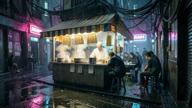 A rainy cyberpunk alley noodle bar with neon reflections