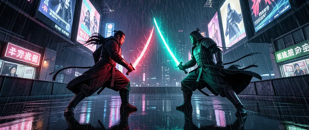 A cyberpunk samurai duel on a rooftop in neon rain