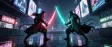 A cyberpunk samurai duel on a rooftop in neon rain