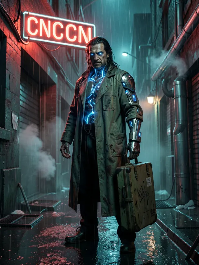 A cyberpunk street doctor in a long coat with glowing implants in a neon-lit rain-soaked alley at night