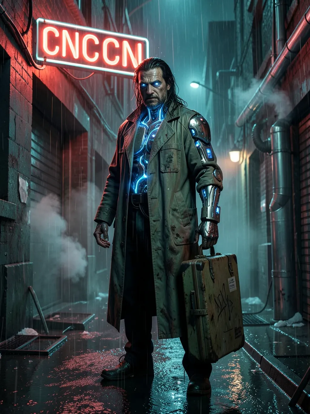A cyberpunk street doctor in a long coat with glowing implants in a neon-lit rain-soaked alley at night